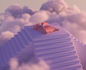 Pyramid steps in the clouds, bed and person sleeping on top